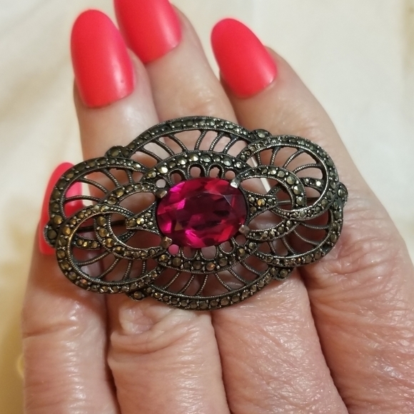 Art Deco 1930s Synthetic Ruby Marcasite Brooch Sterling Silver - Picture 5 of 5
